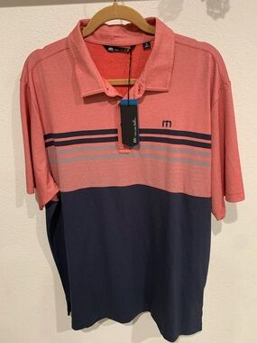 Travis Mathew Performance Coral and Navy Stripe Golf Polo Shirt